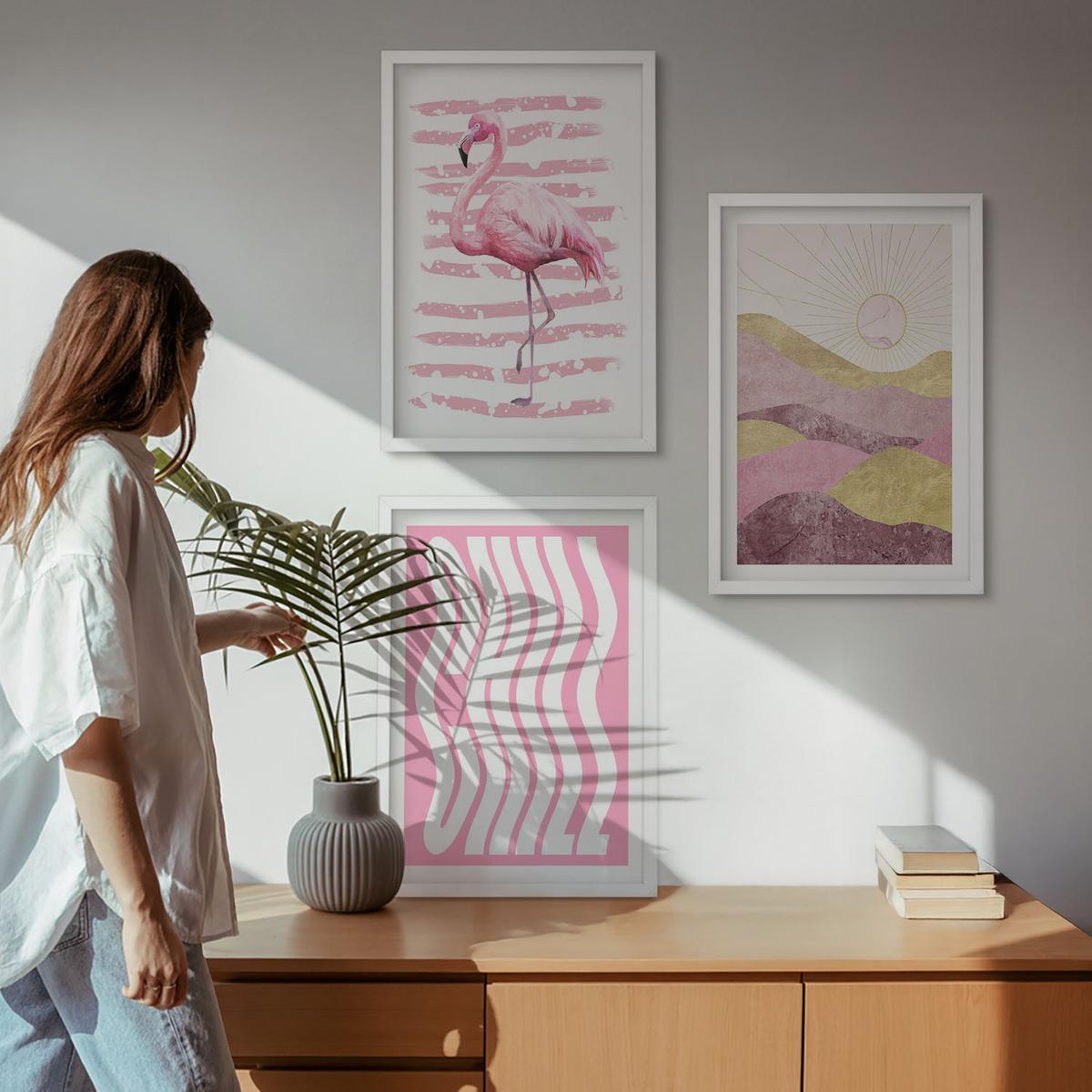 BILDER SET 3er Set - 40x60 cm Weißer Rahmen - Pastelllandschaft mit rosa Flamingos - Weiß, Kunststoff (40/60cm) - TULUP