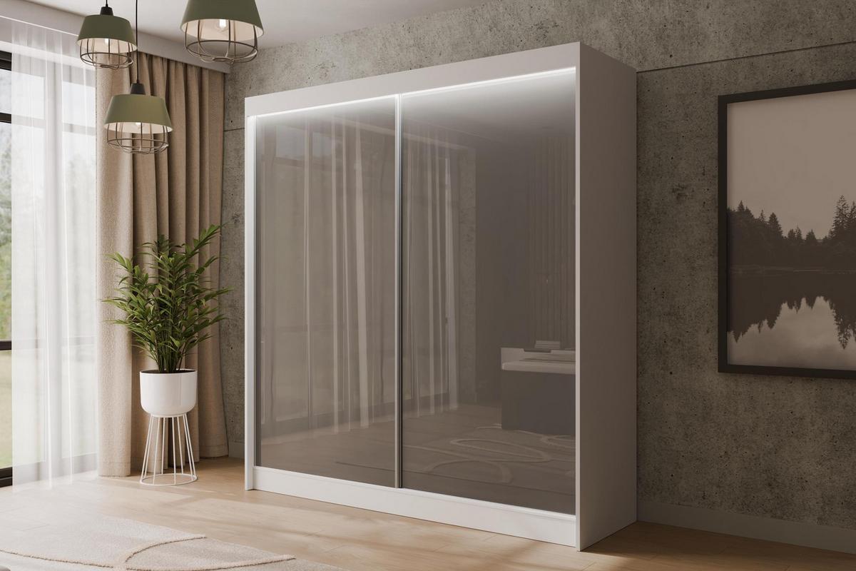 KLEIDERSCHRANK PEKA mit LED - 200 cm - Weiß|Grau - Weiß/Grau, Holzwerkstoff (200/215/61cm) - ALTDECOR