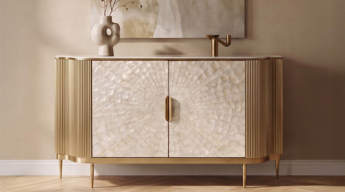 SIDEBOARD LEOLA Cremeweiß Holz - Goldfarben/Creme, Holz/Metall (180/200cm) - KAWOLA
