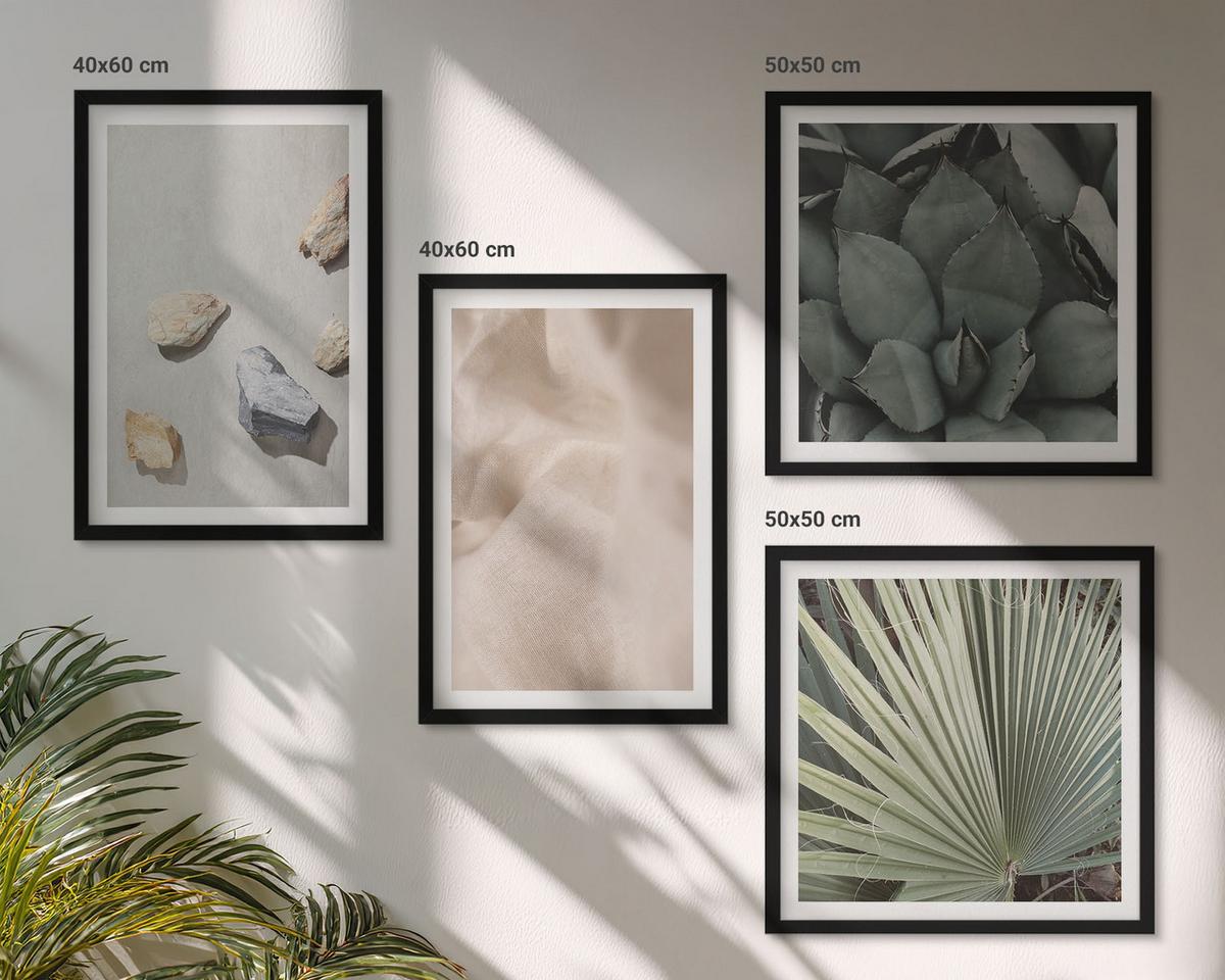 BILDER SET 4er Set - 50x50 cm & 40x60 cm Schwarzer Rahmen - Steine, Holz, Stofftexturen - Schwarz, Kunststoff (50/50cm) - TULUP