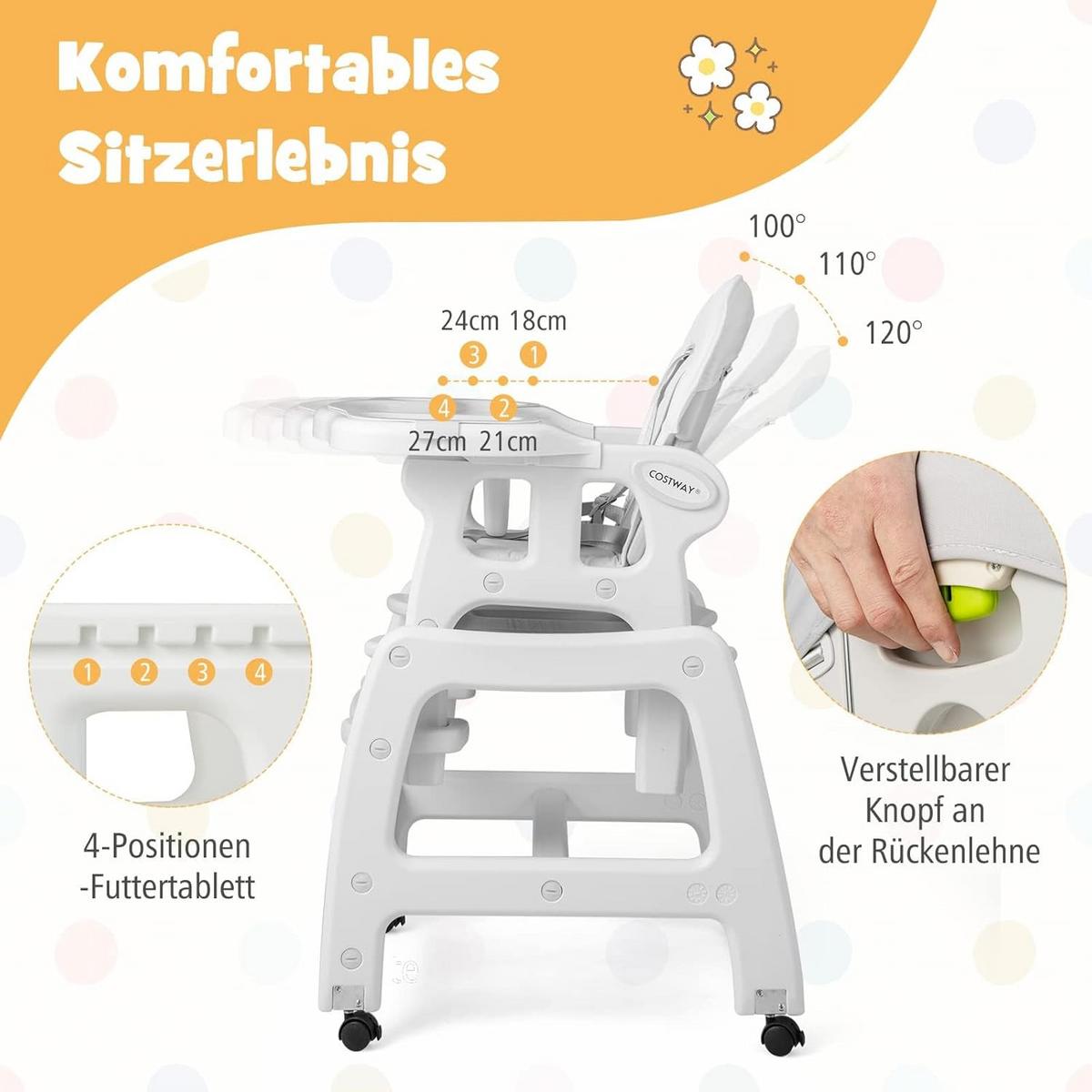 BABYHOCHSTUHL Grau - Grau, Kunststoff (62/104/51cm) - COSTWAY