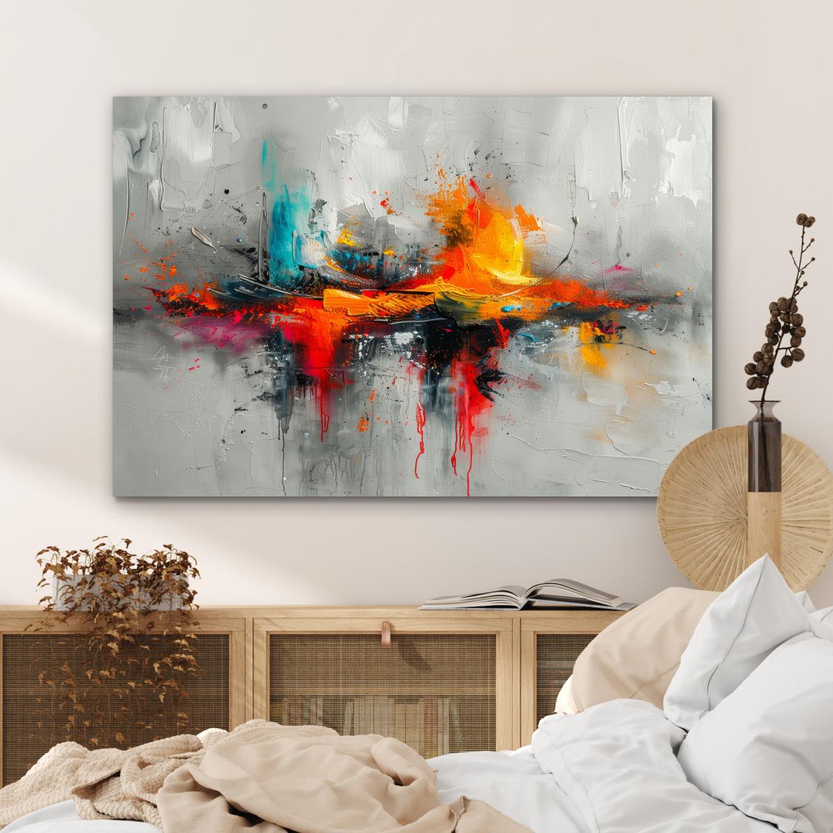 METALLBILD Moderne Kunst - Orange - Grau - Abstrakt Wanddeko 90x60 cm - Hellgrau, Metall (90/60cm) - MuchoWow