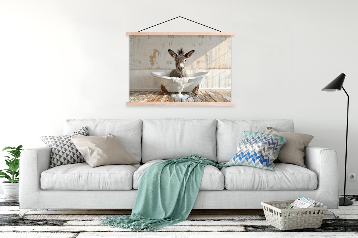 POSTER MIT MAGNETLEISTEN Esel - Tiere - Badewanne - Schaumstoff Magnetleiste 120x80 cm - Weiß, Textil (120/80/0.15cm) - MuchoWow