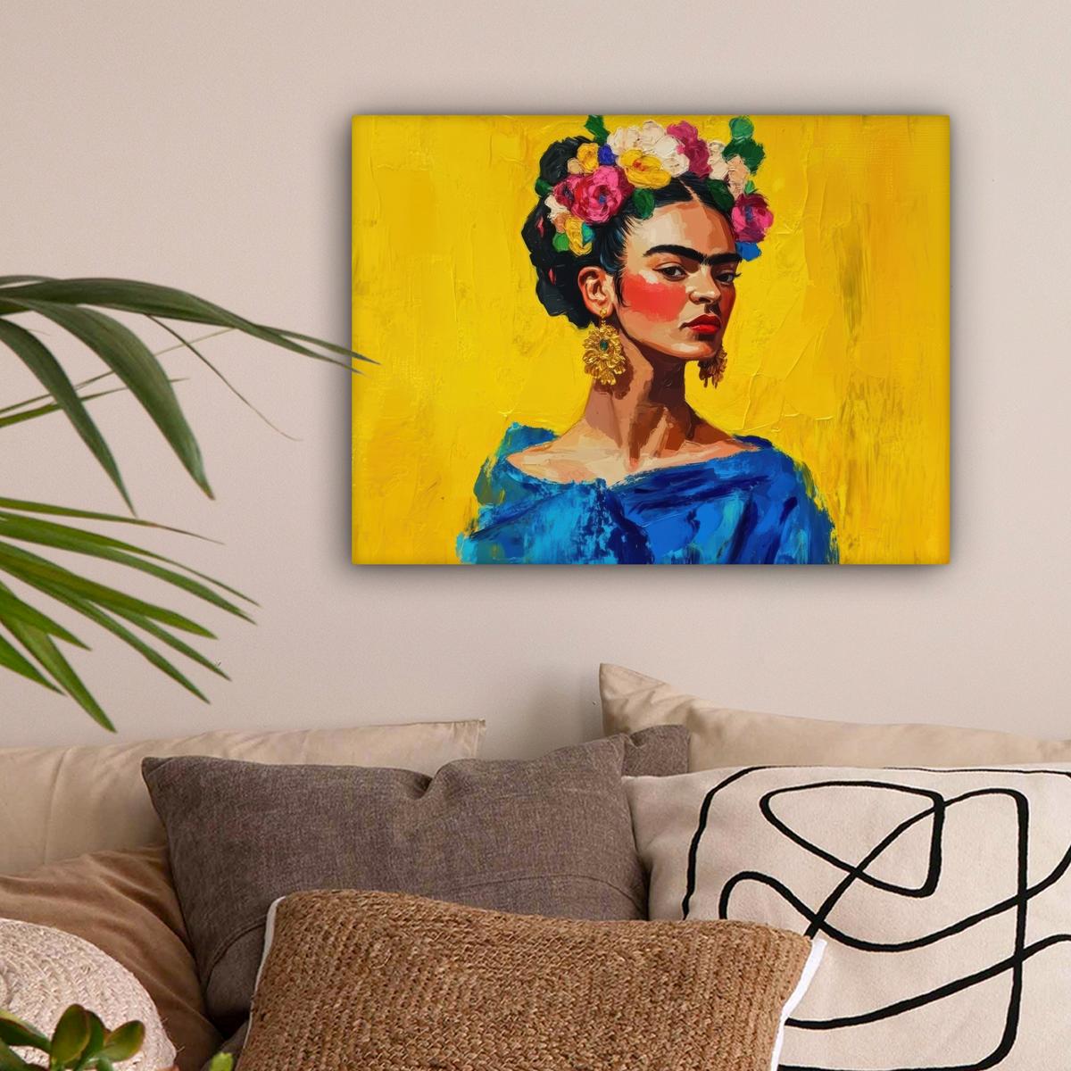 LEINWANDBILD Frida Kahlo - Frau - Gelb - Blau - Blumen Wandbild 40x30 cm - Gelb, Textil (40/30cm) - MuchoWow