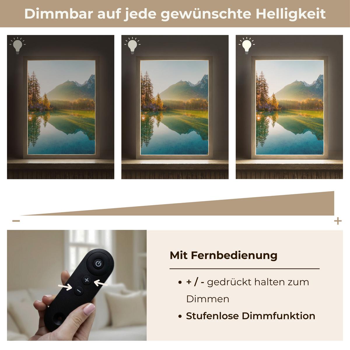 WANDLEUCHTE MIT AKKU See - Wald - Berge - Natur - Sonne - Landschaft 30x40 cm - Grün, Holzwerkstoff (30/40/8cm) - OnlyWow