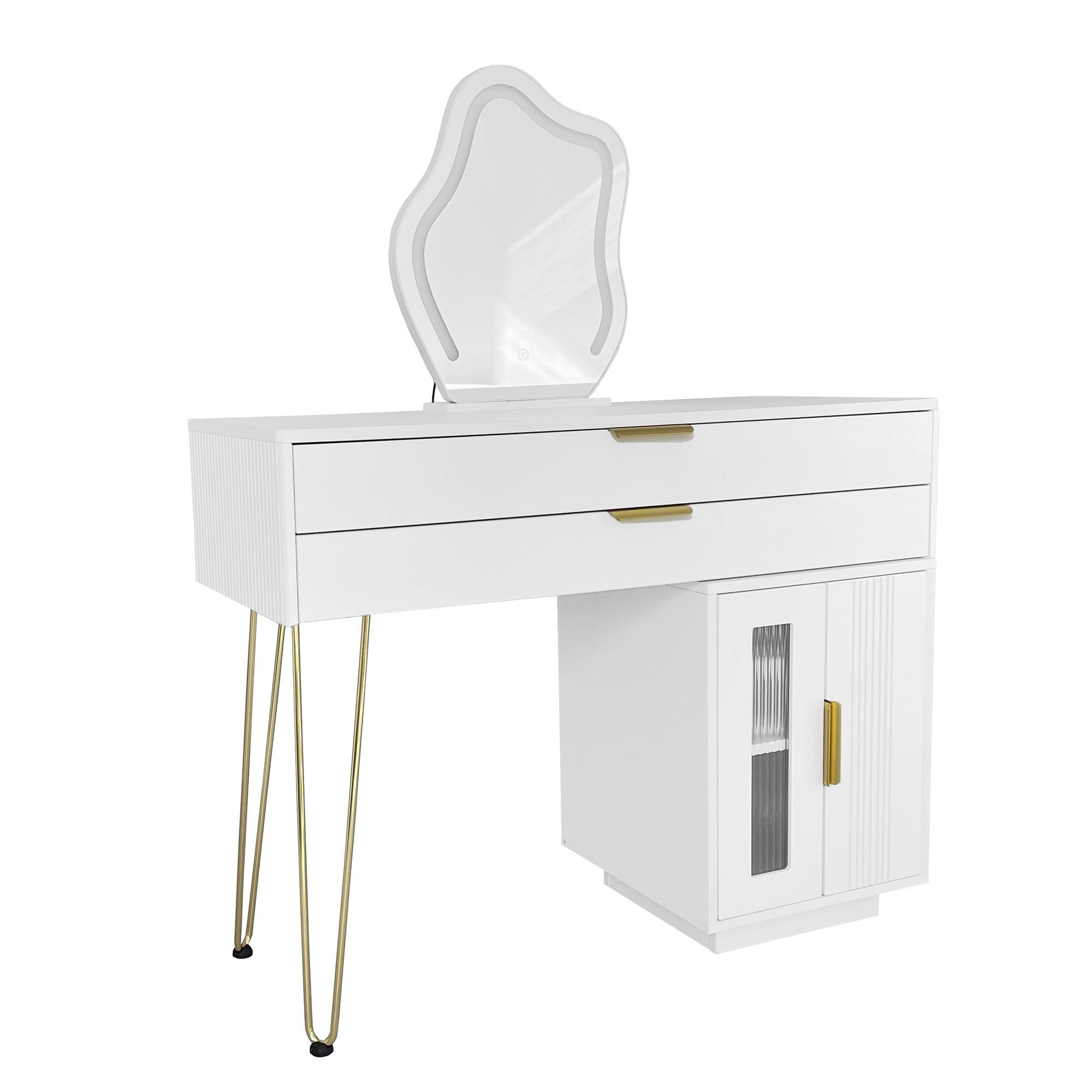 SCHMINKTISCH in Weiß mit LED-Spiegel & Seitenschrank - Weiß, Holzwerkstoff (100/78/40cm) - Urban Meuble