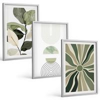 BILDER SET 3er Set - 40x60 cm Silberner Rahmen - Pflanzenmotive, Geometrie, Grün - Silberfarben, Kunststoff (40/60cm) - TULUP