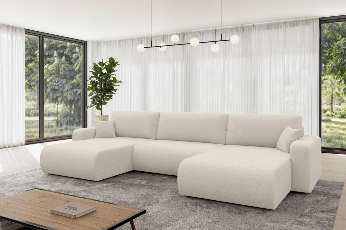 WOHNLANDSCHAFT mit Schlaffunktion und Bettkasten BERY-U 377x193x88 Beige Bouclé - Sandfarben/Beige, Holzwerkstoff/Kunststoff (377/88/193cm) - ALTDECOR