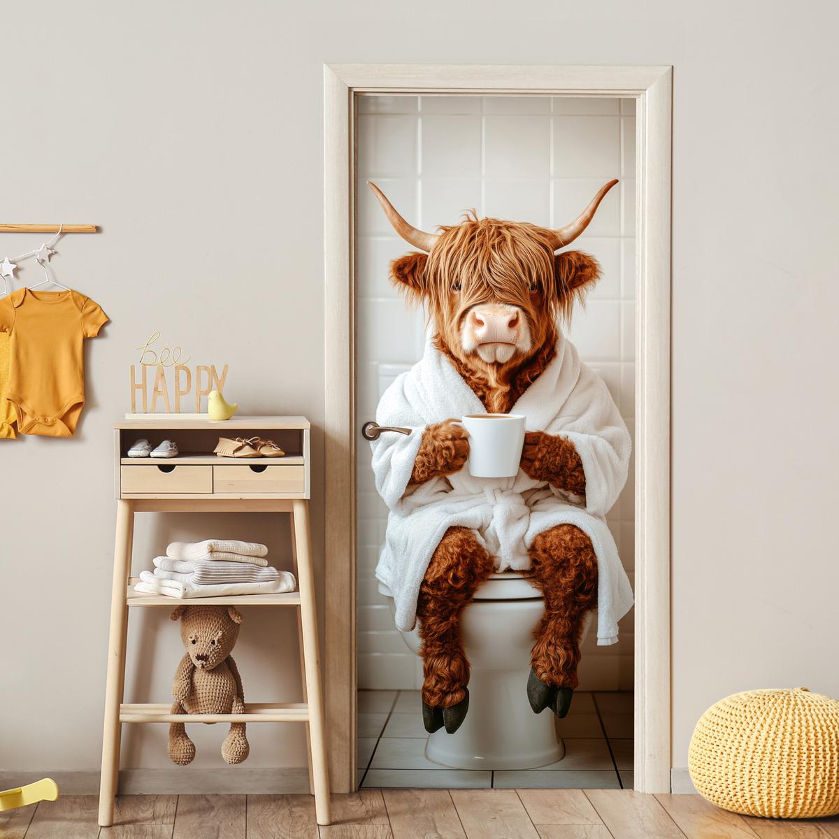TÜRAUFKLEBER Schottischer Highlander - WC - Bademantel - Modern - Tiere Wanddeko 90x205 cm - Türtapete - Kastanienfarben, Kunststoff (90/0.1/205cm) - MuchoWow