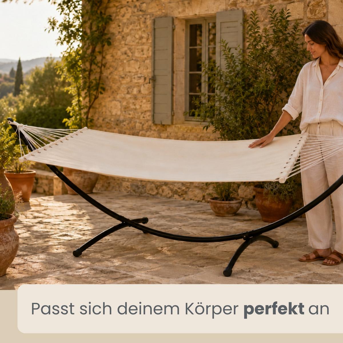 DOPPEL-HÄNGEMATTE mit Gestell bis 120kg, 200/120cm, Beige - Beige, Metall (100/90/300cm) - Amanka