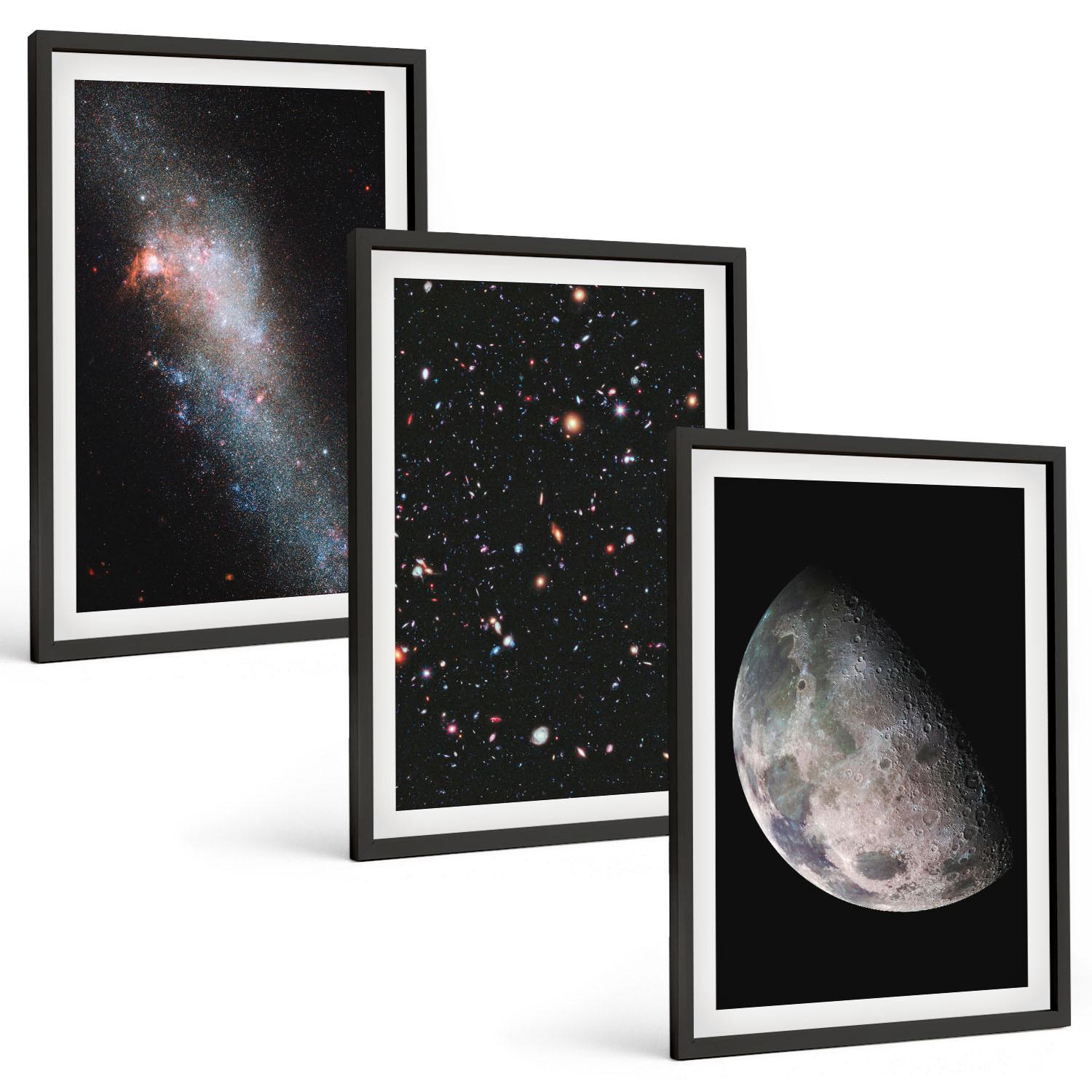 BILDER SET 3er Set - 40x60 cm Schwarzer Rahmen - Weltraum Galaxien Sterne Mond - Schwarz, Kunststoff (40/60cm) - TULUP