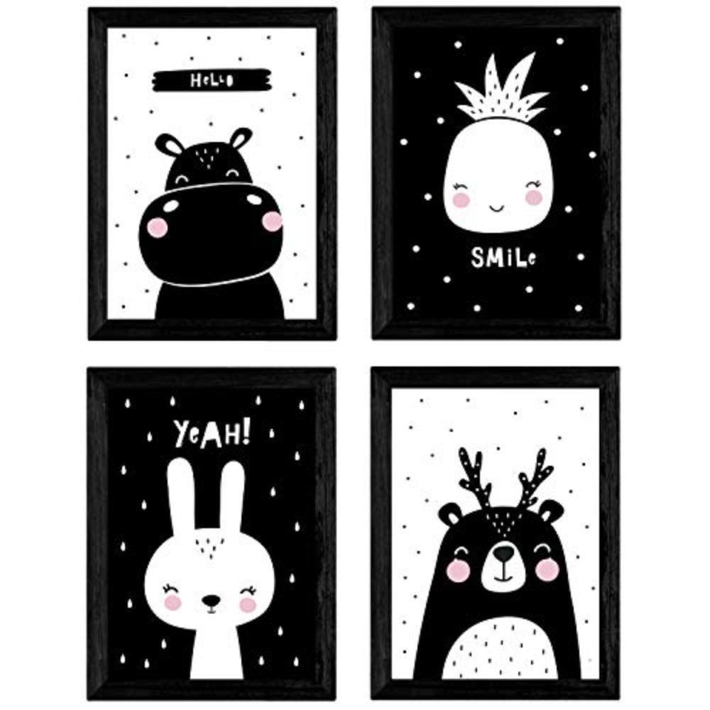 POSTER Set mit 4 Eisbär, Kaninchen, Hypopotamus und Ananas Tieren A3 Schwarzer Rahmen - Schwarz, Papier (29.7/3cm) - Nacnic