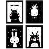 POSTER Set mit 4 Eisbär, Kaninchen, Hypopotamus und Ananas Tieren A3 Schwarzer Rahmen - Schwarz, Papier (29.7/3cm) - Nacnic