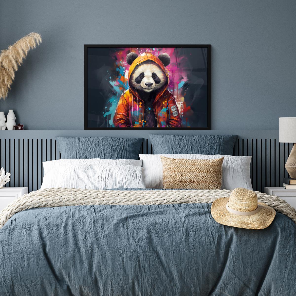 POSTER MIT RAHMENGERAHMTES BILD Panda - Jacke - Graffiti - Orange 90x60 cm - Orange, Papier (90/60cm) - MuchoWow