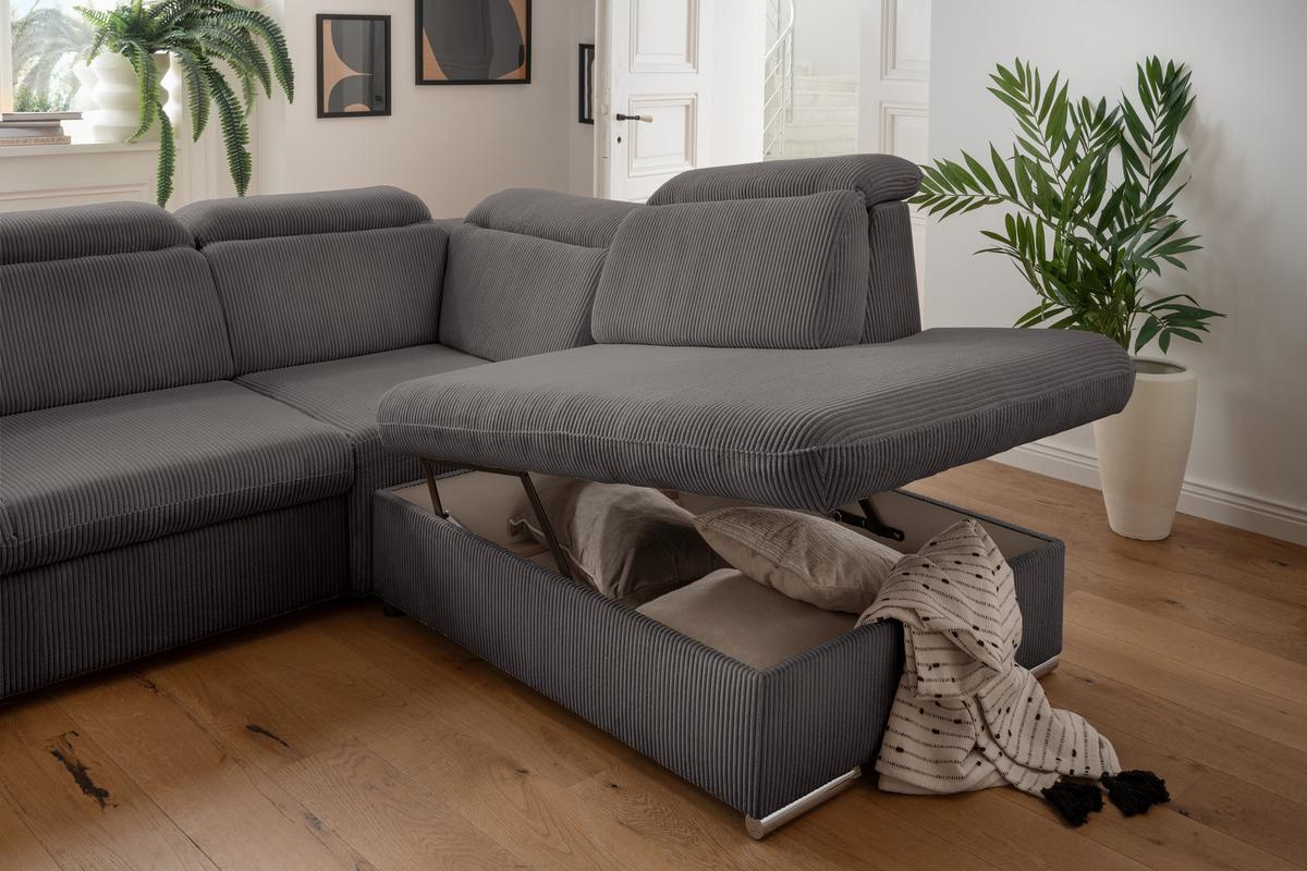 ECKSOFA mit Schlaffunktion, Bettkasten, Kopfstützen verstellbar, Wellenunterfederung, Ottomane rechts B283/T228/H102 cm, Cord Dunkelgrau / 17217 - Chromfarben/Dunkelgrau, Textil/Metall (283/228cm) - luma-home