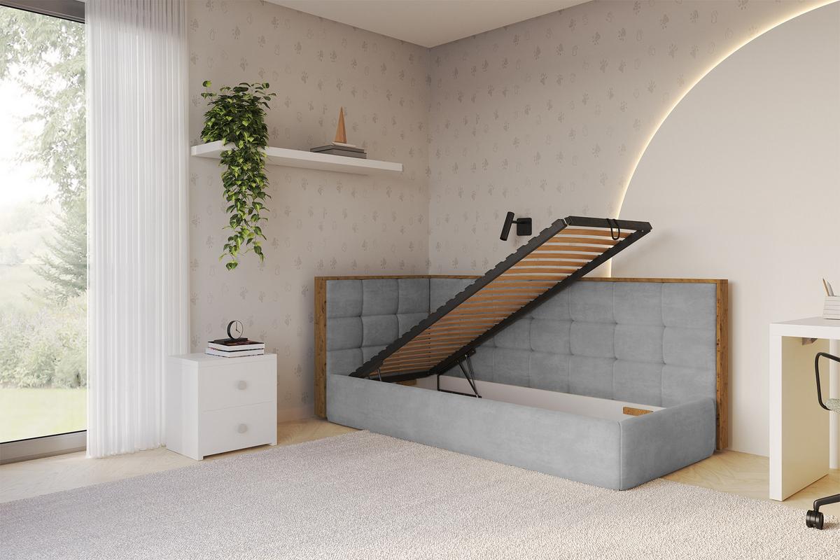EINZELLBETT Jugendbett mit Bettkasten, Rechts - SOVY 90x200 Grau - Silberfarben, Holzwerkstoff/Textil (90/200cm) - ALTDECOR