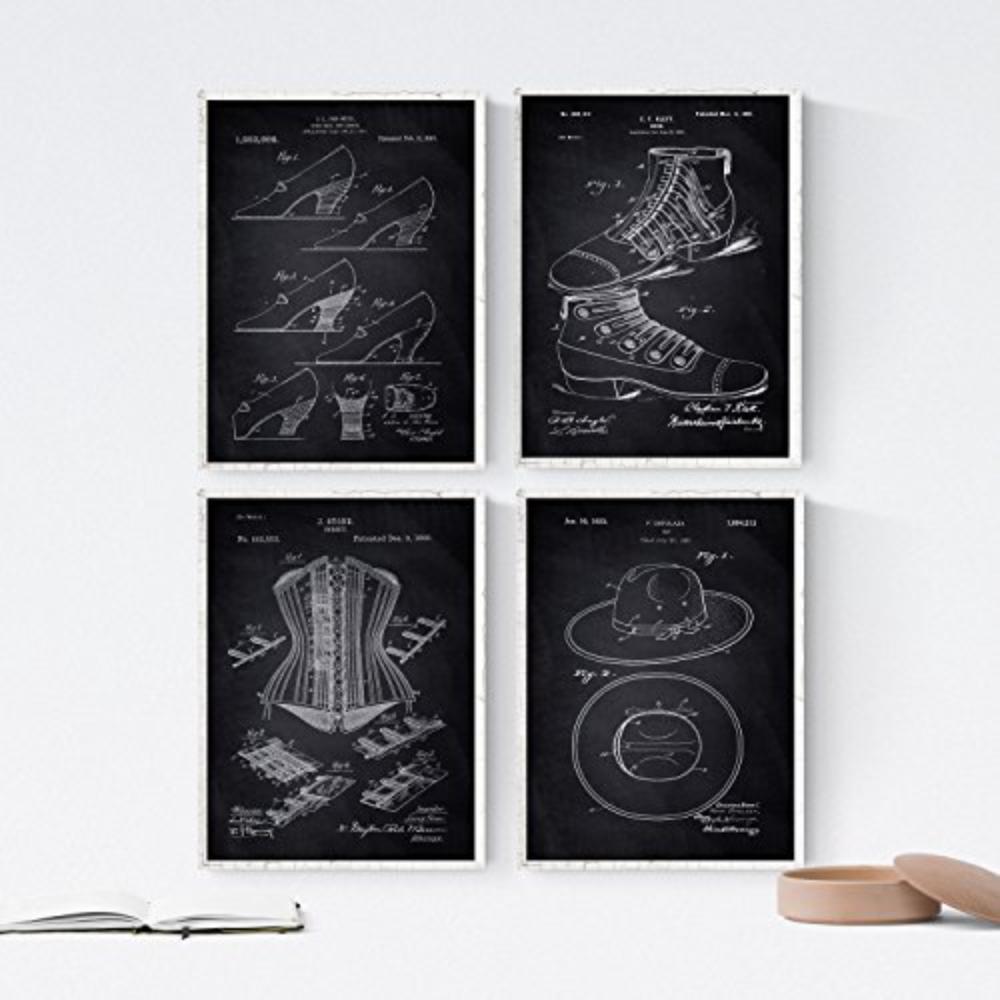 POSTER Set mit 4 SCHWARZ Mode Patenten A4 Schwarzer Rahmen - Schwarz, Papier (29.7/3cm) - Nacnic