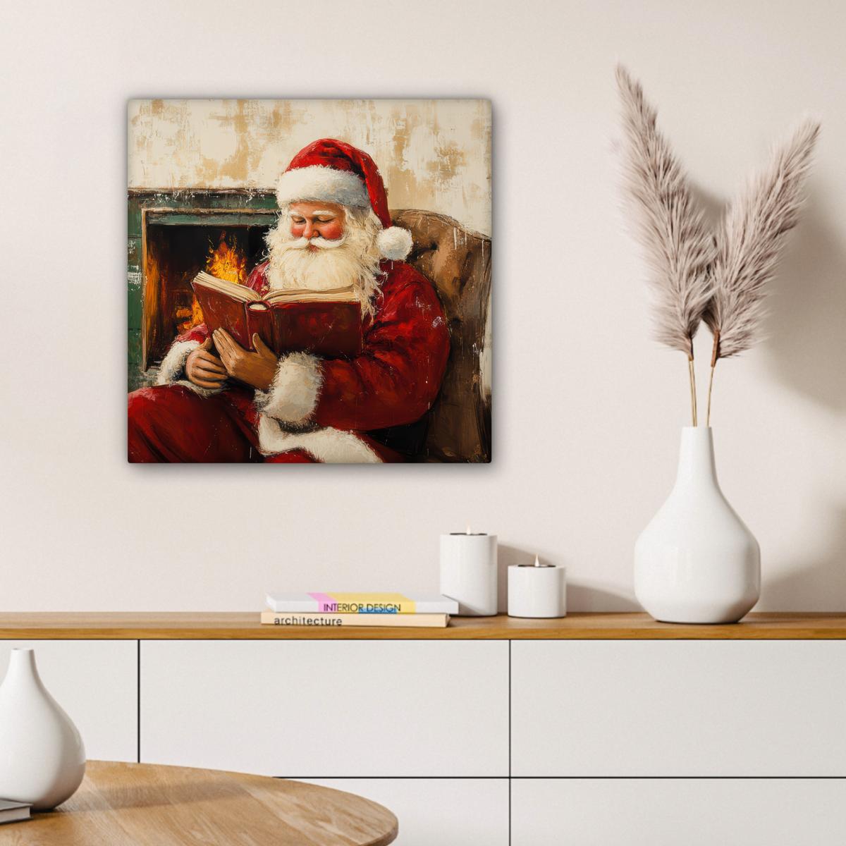 LEINWANDBILD Weihnachten - Weihnachtsmann - Winter - Open Fireside Wandbild Wohnzimmer 50x50 cm - Dunkelrot, Textil (50/50cm) - MuchoWow