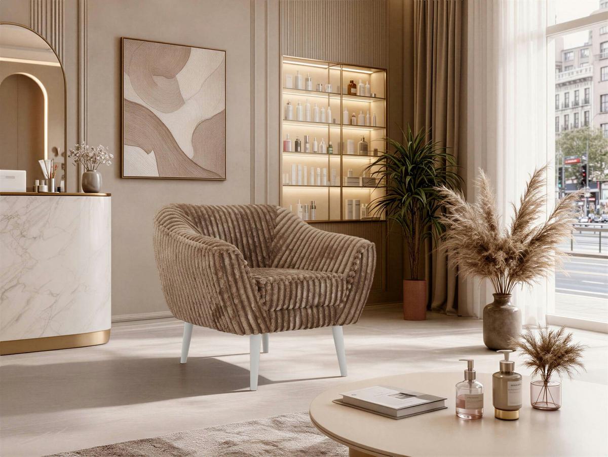 SESSEL PIRS - Braun Cord - Weiße Beine - Braun/Weiß, Holzwerkstoff/Textil (80/75/74cm) - MKS