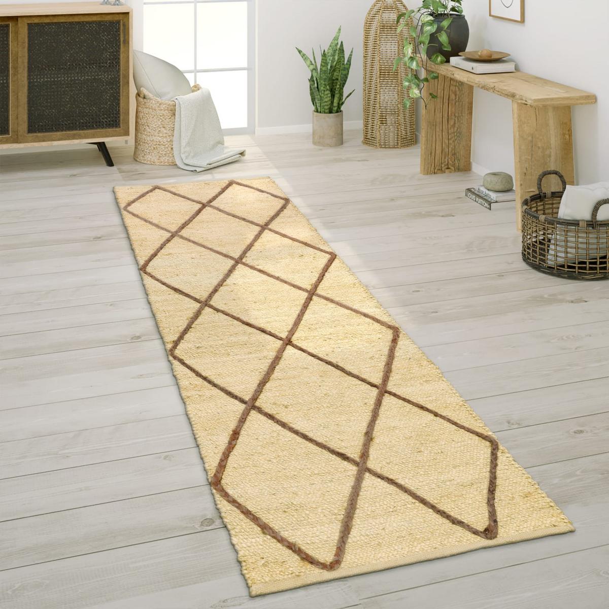 JUTETEPPICH handgewebt wendbar, mit Rautenmuster, Creme, 80 x 250 cm - Beige, Textil (250/80cm) - KADIMA DESIGN