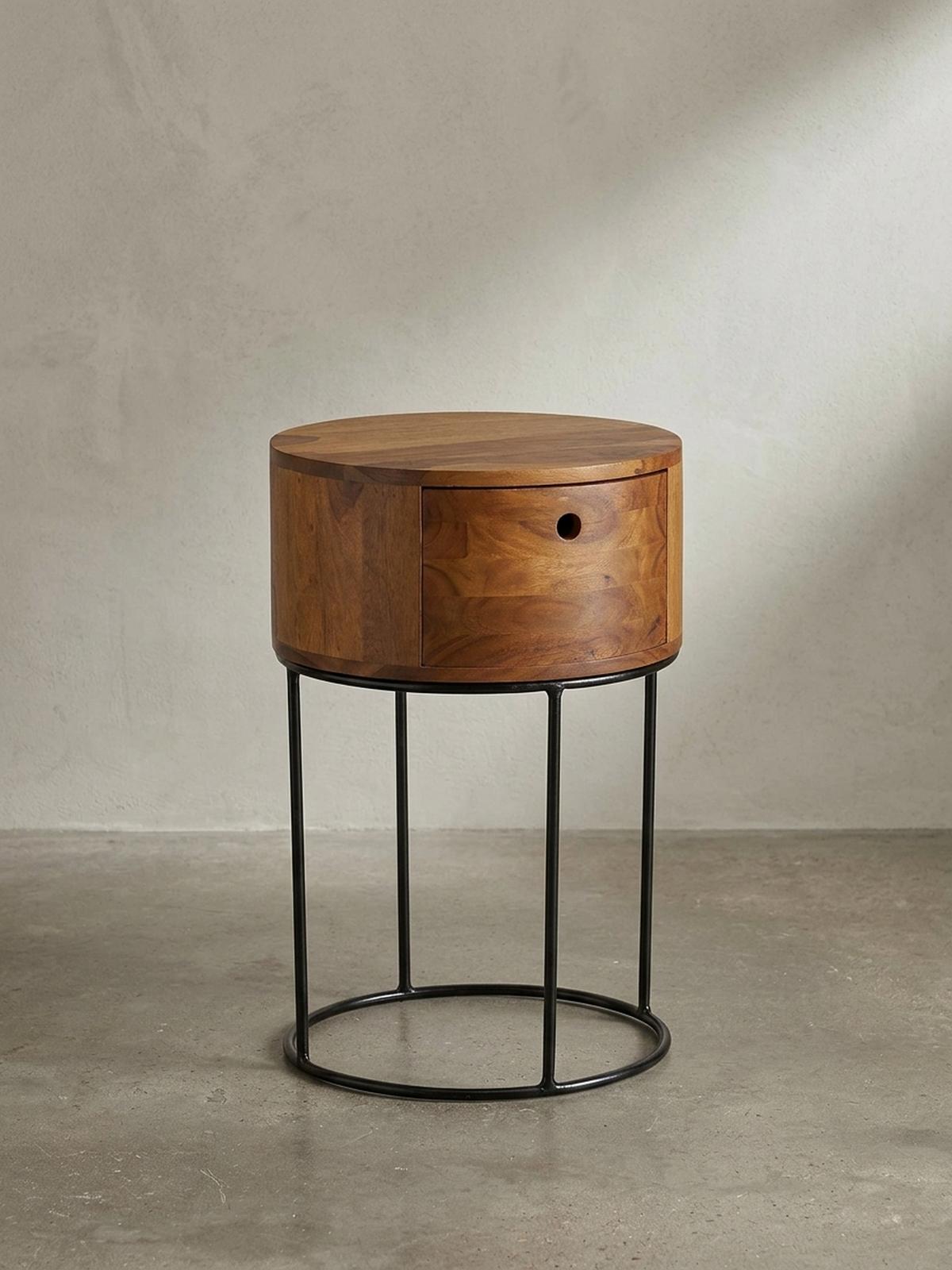 NACHTKONSOLE Massivholz mit Schublade rund Modern Braun - Schwarz/Braun, Holz/Metall (40/60/40cm) - KADIMA DESIGN
