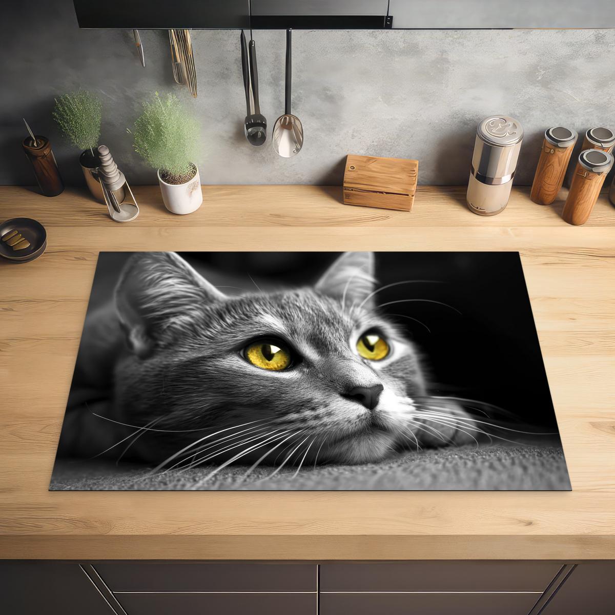 HERDABDECKPLATTE Katze - Grau - Tiere - Katze Ceranfeldabdeckung 80x52 cm - Grau, Kunststoff (80/52/0.2cm) - MuchoWow