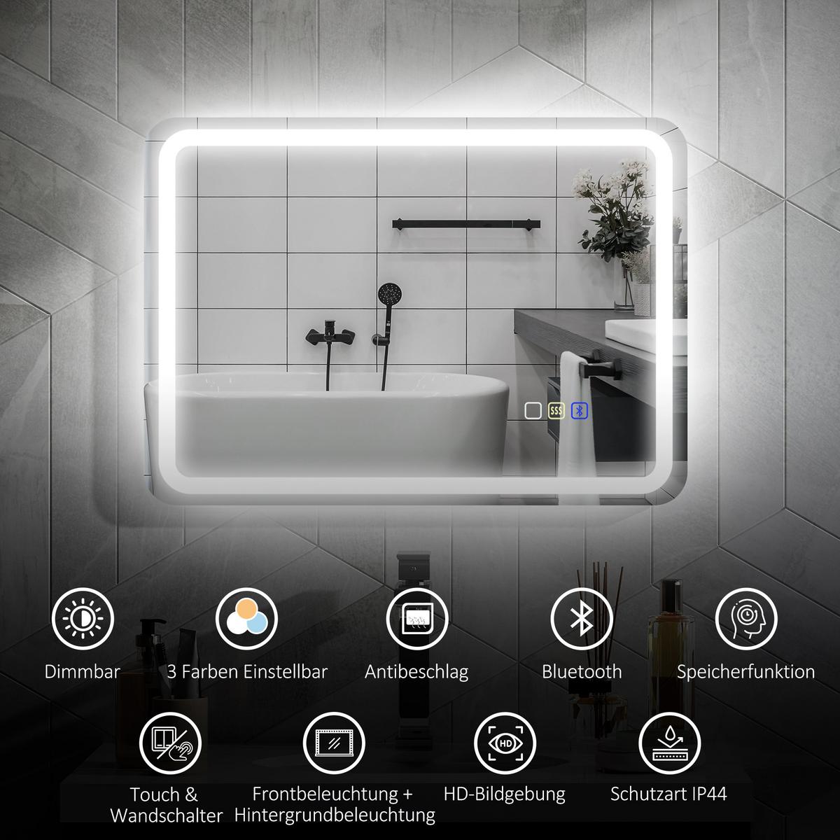 BADEZIMMERSPIEGEL mit LED-Beleuchtung, Anti-Beschlags-Pad, 3 verstellbare Farben - Silberfarben, Glas (50/3.5/70cm) - HOMCOM