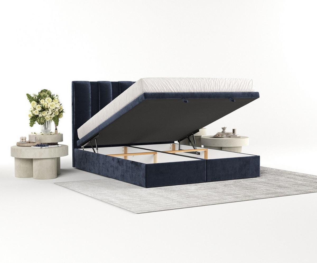 POLSTERBETT Orta mit Stauraum 140/200 cm Marineblau im Lotta Stoff - Schwarz/Dunkelblau, Holz/Holzwerkstoff (140/200cm) - AltaBeds