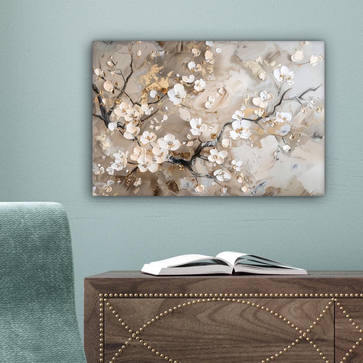 LEINWANDBILD Blumen - Weiß - Gold - Beige - Luxus Deko Schlafzimmer 30x20 cm - Greige, Textil (30/20cm) - MuchoWow