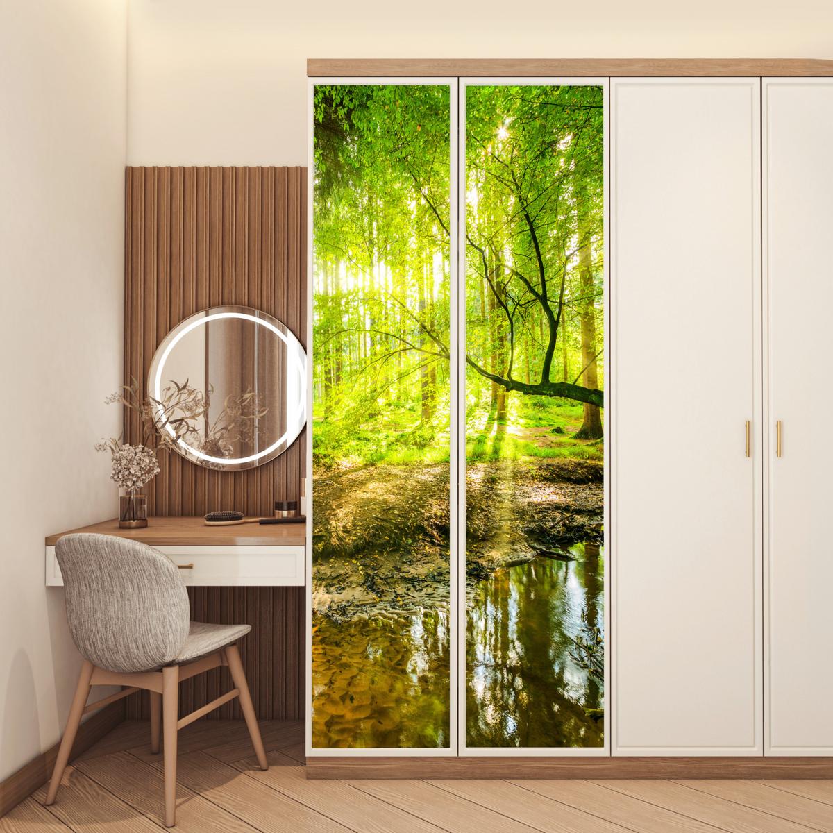 TÜRAUFKLEBER Wald - Landschaft - Wasser - Bäume - Sonne - Grün - Natur 90x235 cm - Türtapete - Hellgrün, Kunststoff (90/0.1cm) - MuchoWow