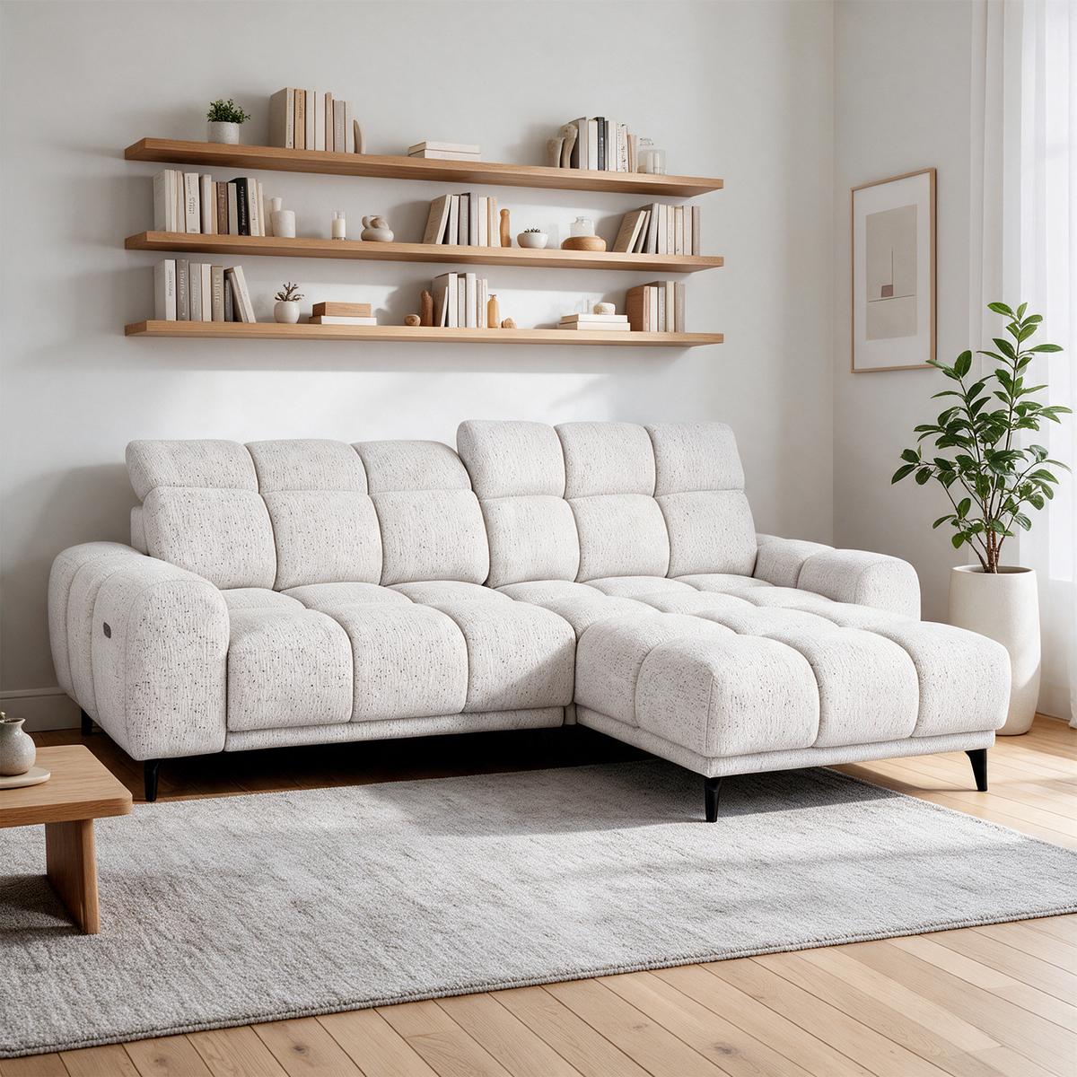 ECKSOFA Marco Mini mit elektrisch ausfahrbarem Sitz und verstellbaren Kopfstützen, Rechts, Chenille-Stoff, Creme - Creme/Schwarz, Textil (275/182cm) - Beautysofa