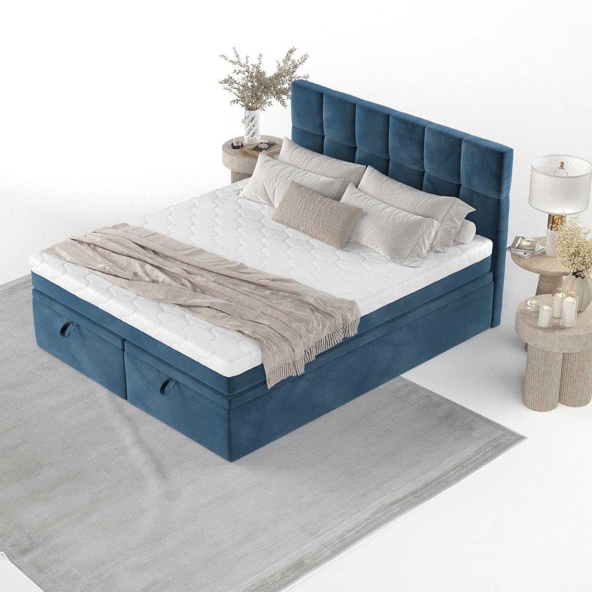 BOXBETT Elano 140/200 cm Dunkelblau im Kronos Stoff - Schwarz/Dunkelblau, Holz/Holzwerkstoff (140/200cm) - AltaBeds