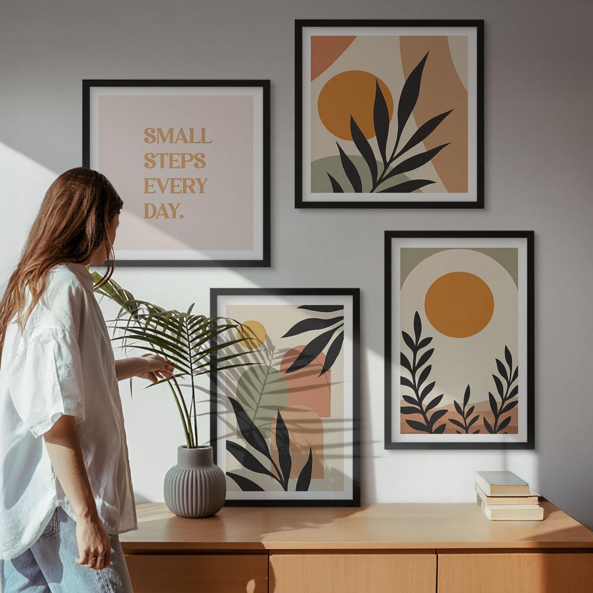 BILDER SET 4er Set - 50x50 cm & 40x60 cm Schwarzer Rahmen - Abstrakte Pflanzenmotive - Schwarz, Kunststoff (50/50cm) - TULUP