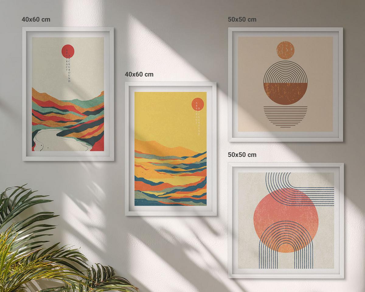 BILDER SET 4er Set - 50x50 cm & 40x60 cm Weißer Rahmen - Farbenfrohe Muster der Japandi-Flussberge - Weiß, Kunststoff (50/50cm) - TULUP