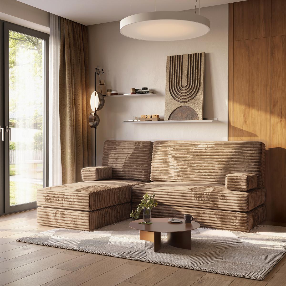 ECKSOFA NOTIA modulares Boneless Sofa mit Schlaffunktion Beige Kordstoff - Beige, Textil (200/120cm) - MASSENO