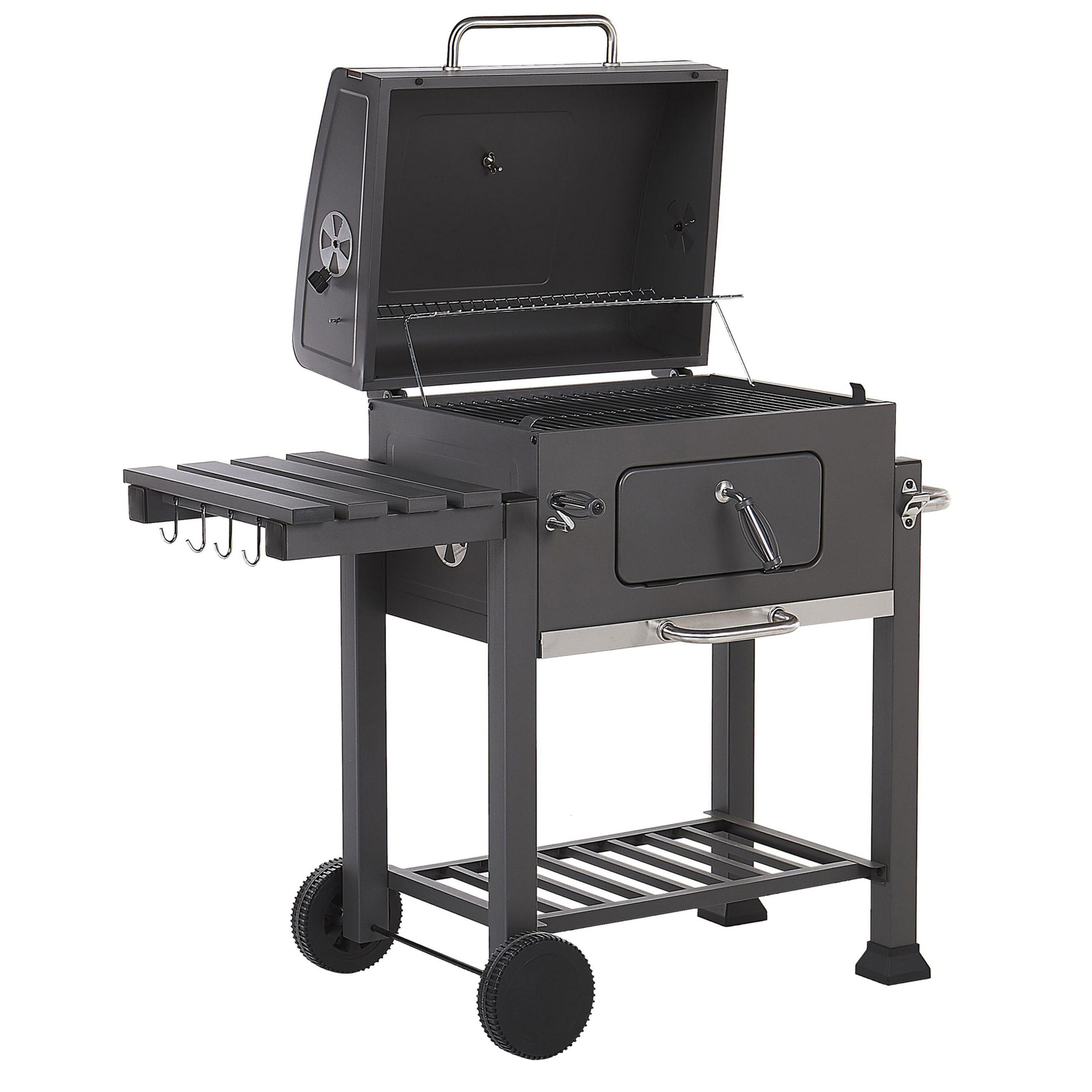 HOLZKOHLEGRILL mit Deckel Stahl Grau rechteckig rollbar Pavlof - Grau, Metall (79/107/49cm) - Beliani