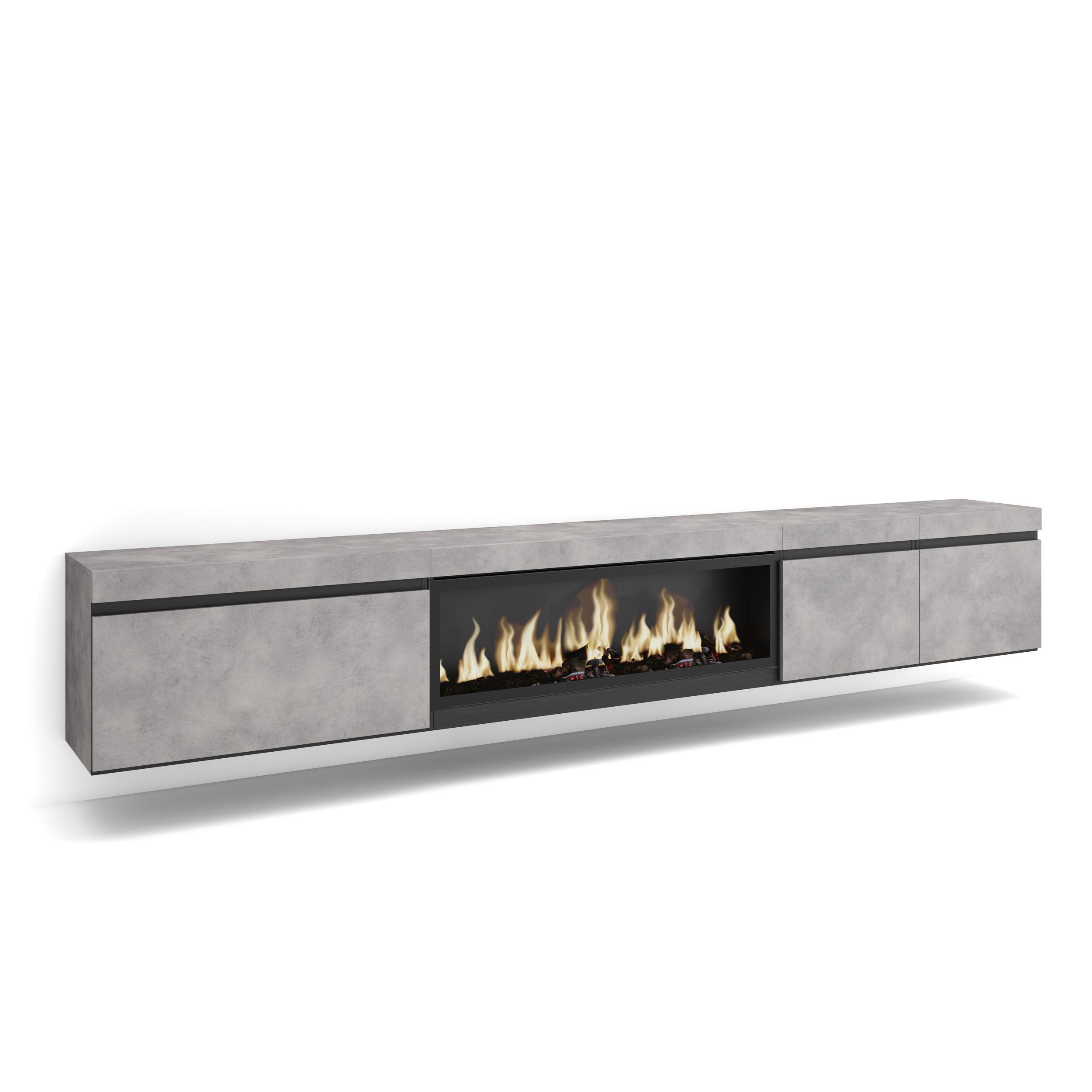LOWBOARD, mit Elektrokamin XXL, Hängend, Zementgrau, 288/35/45cm - Grau, Holzwerkstoff (288/45/35cm) - Skraut Home