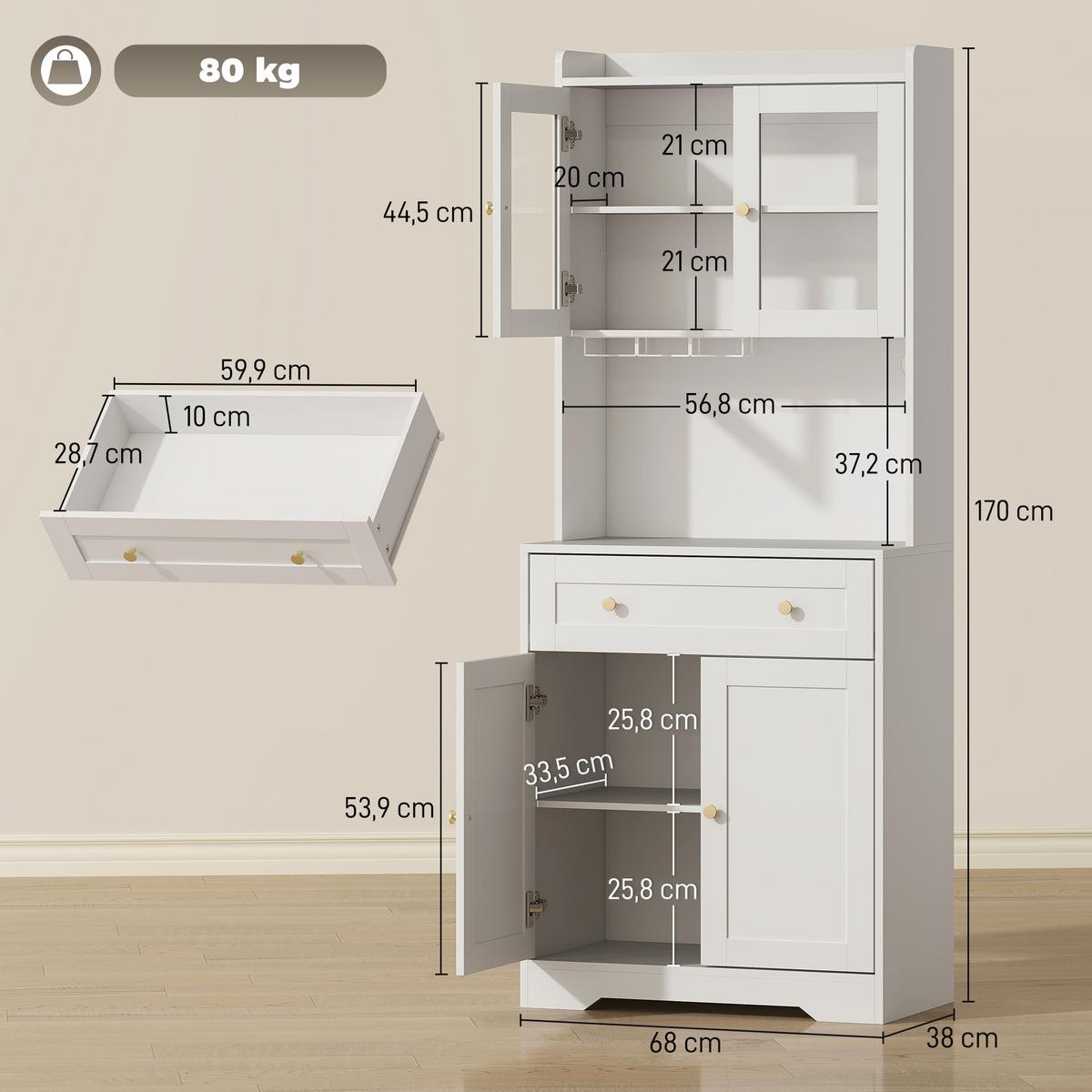 KÜCHENSCHRANK MDF Glas Weiß - Goldfarben/Weiß, Holzwerkstoff/Metall (38/170/68cm) - HOMCOM