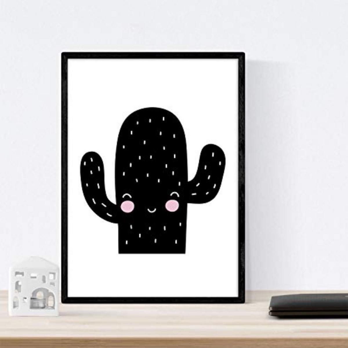 POSTER Set mit 4 Kaktus und Herz Tieren A3 Schwarzer Rahmen - Schwarz, Papier (29.7/3cm) - Nacnic