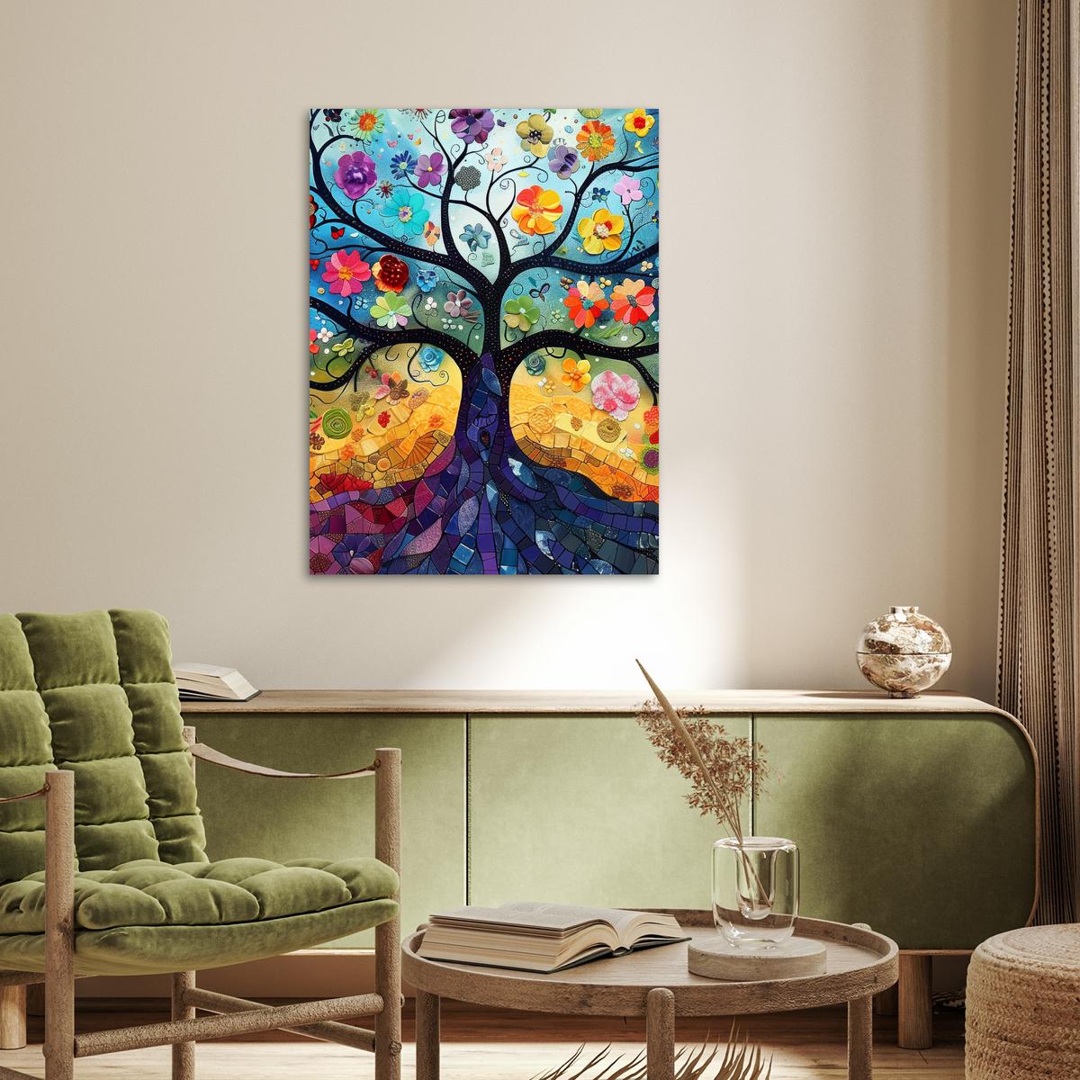 POSTER Kunst - Baum des Lebens - Blumen - Hippie Deko Wohnzimmer 60x80 cm - Dunkelblau, Papier (60/80/0.1cm) - MuchoWow