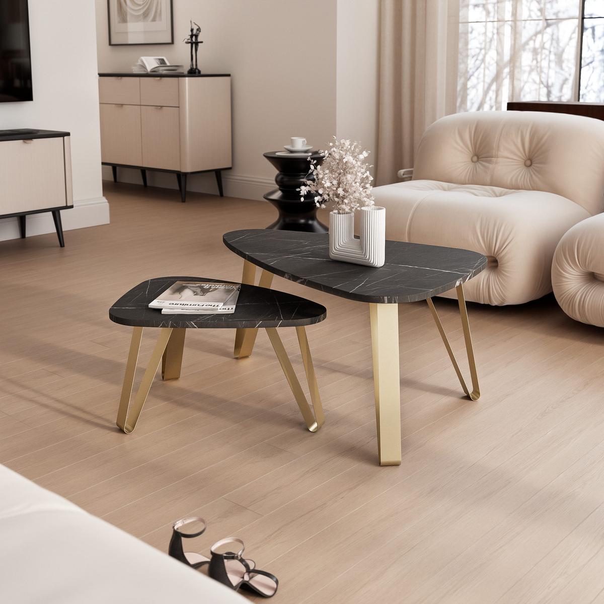 SATZTISCH NOA Stahlgestell, Freiform, Gold / Grigia Pietra - Goldfarben/Grau, Holzwerkstoff/Metall (94/60/42cm) - Idohome