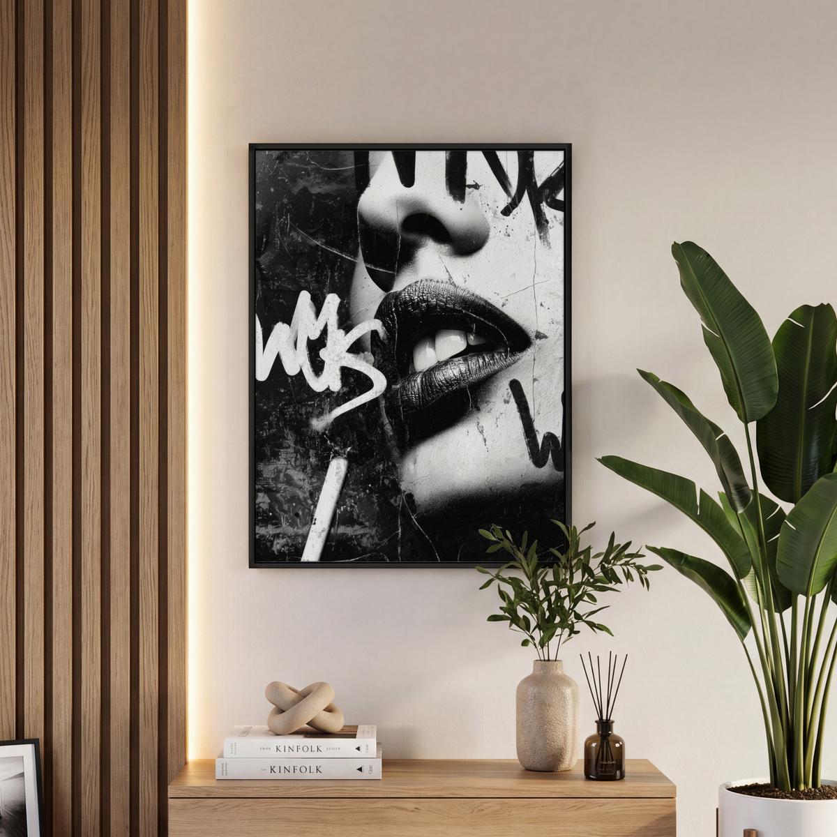 LEINWAND Bilder mit Rahmen - Gesicht - Mund - Graffiti - Schwarz - 60x80 - Schwarz, Textil (60/80cm) - MuchoWow