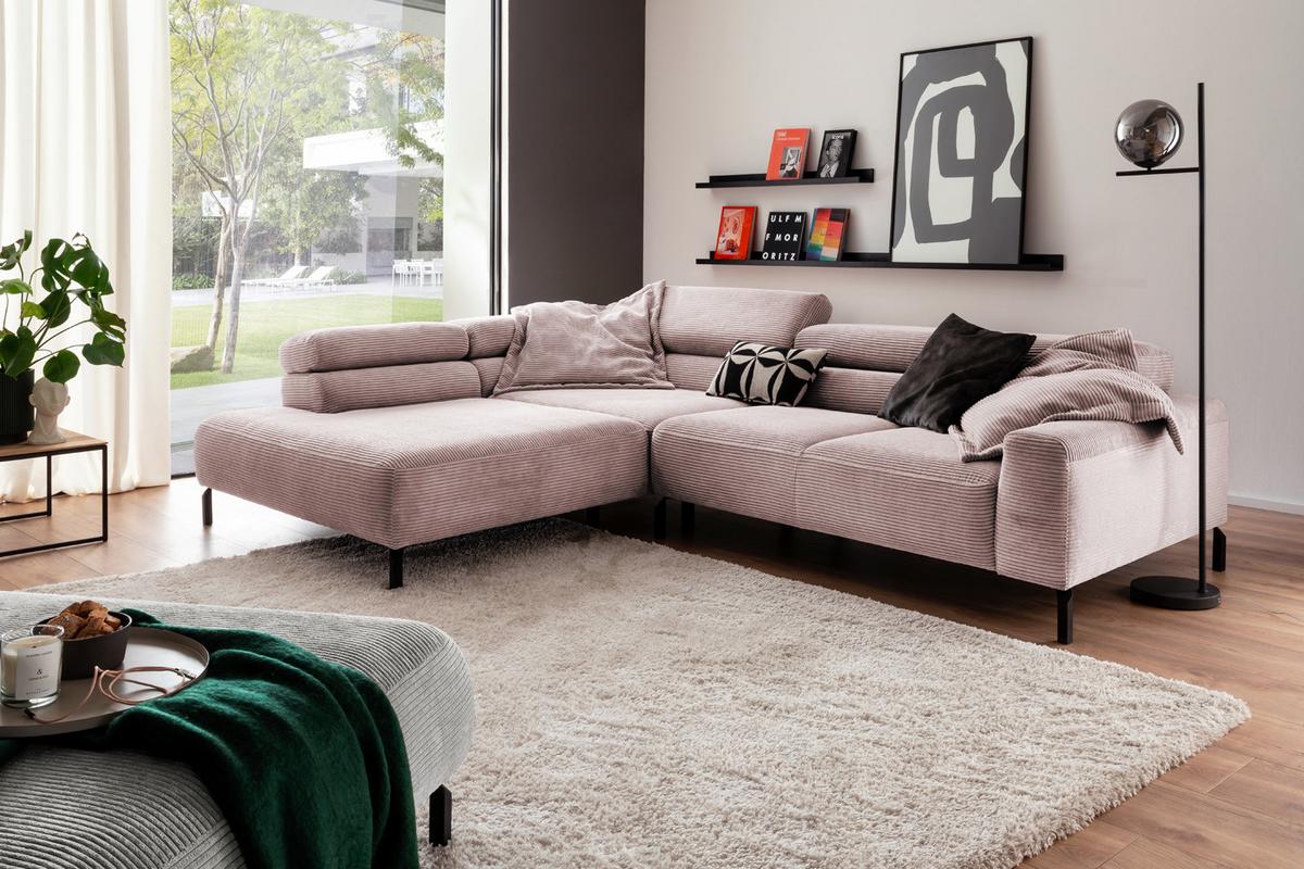 ECKSOFA DELIA Pink Cord - Schwarz/Rosa, Textil/Metall (276/219cm) - KAWOLA