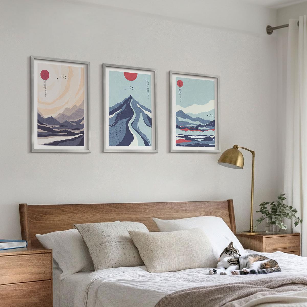 BILDER SET 3er Set - 40x60 cm Silberner Rahmen - Abstrakte japanische Berge - Silberfarben, Kunststoff (40/60cm) - TULUP