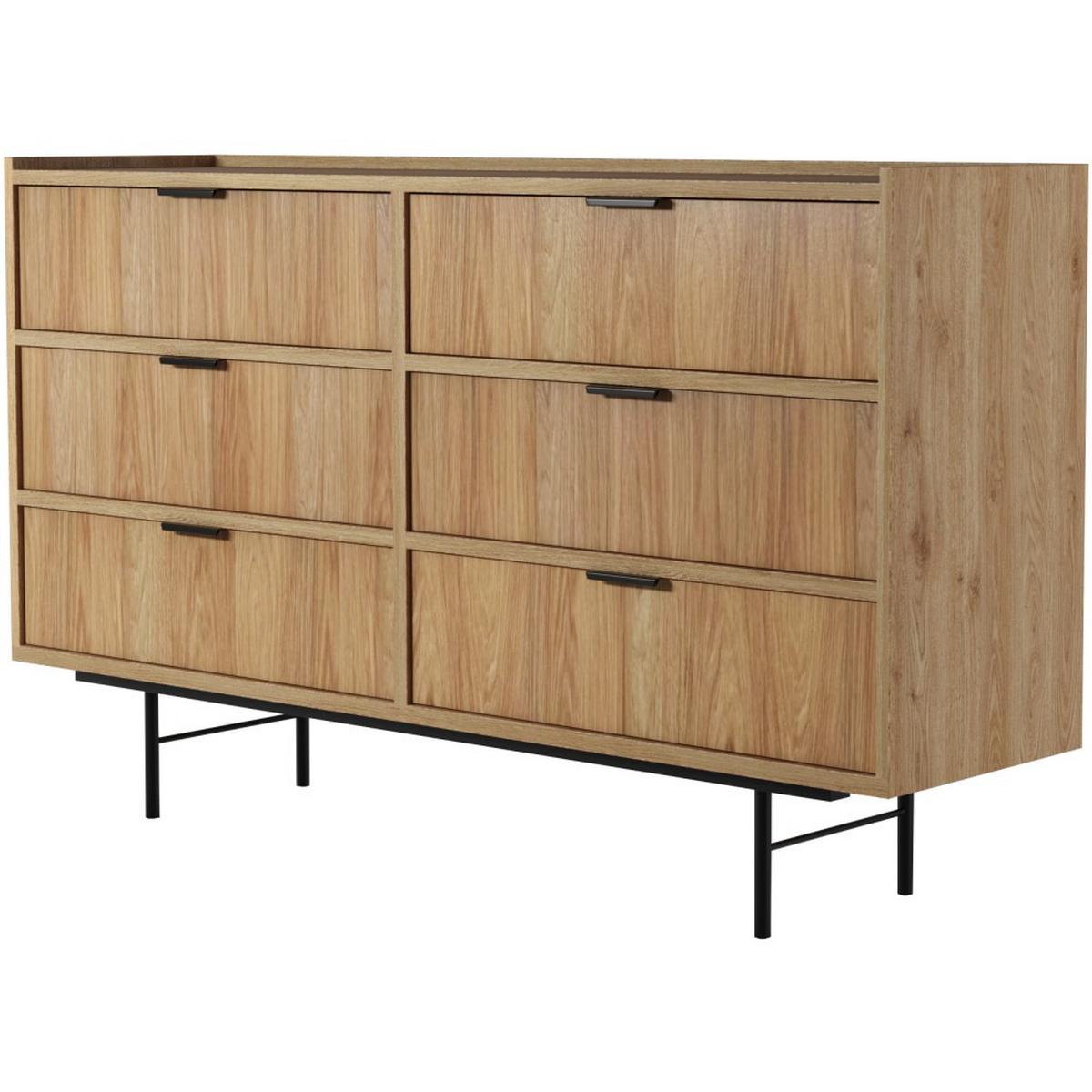 KOMMODE Evron mit 6 Schubladen, Hikora Eiche - Hellbraun/Schwarz, Holzwerkstoff/Metall (150/90/40cm) - Beautysofa