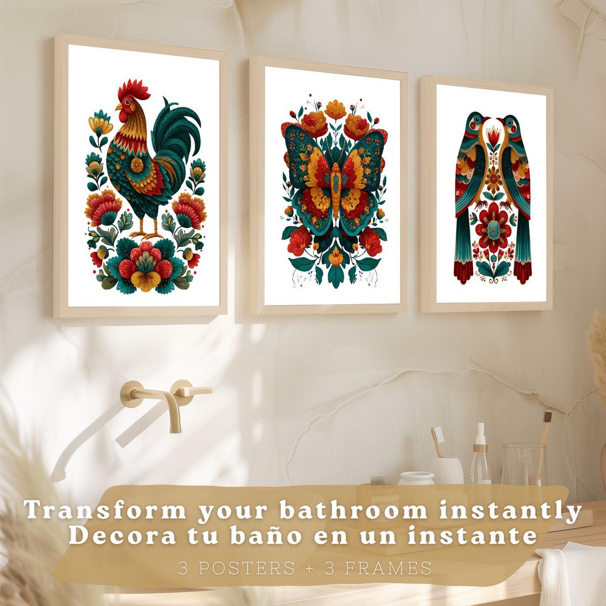 POSTER 3er-Set dekorative Badezimmer-Kunstdrucke, farbenfrohe im Stil der Volkskunst, Toilette mit Hahn, Schmetterling Vögeln Leichter Holzrahmen A4 - Beige, Papier (29.7/21/3cm) - Nacnic