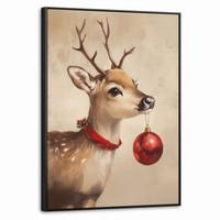 LEINWAND Bilder mit Rahmen - Weihnachten - Hirsch - Geweih - Weihnachtskugel - Rentier - 50x70 - Hellbraun, Textil (50/70cm) - MuchoWow