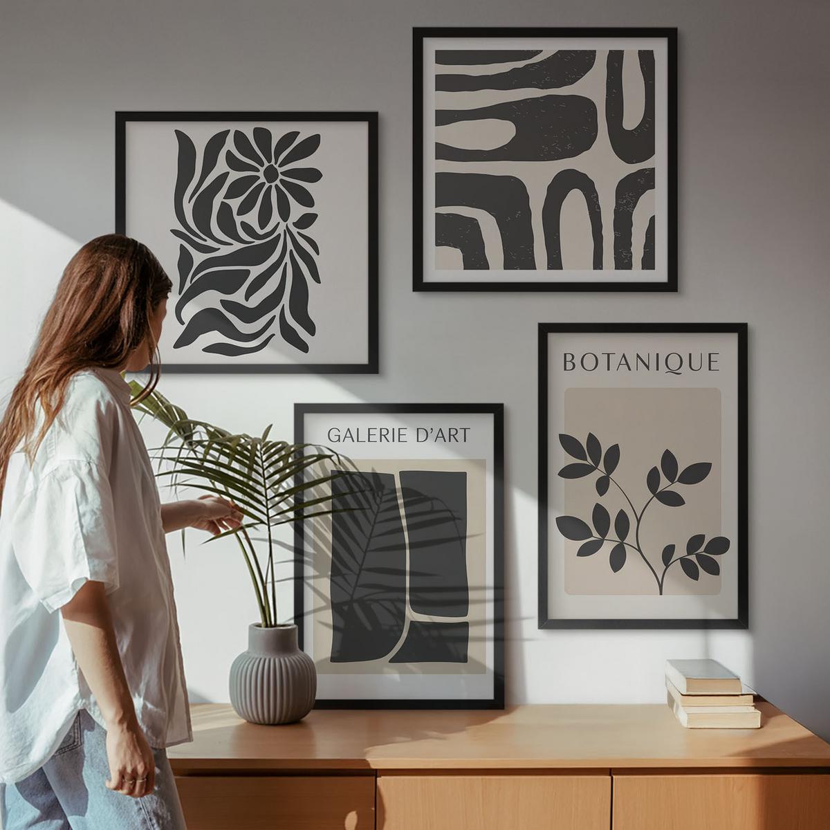 BILDER SET 4er Set - 50x50 cm & 40x60 cm Schwarzer Rahmen - Abstrakte Pflanzenmuster - Schwarz, Kunststoff (50/50cm) - TULUP