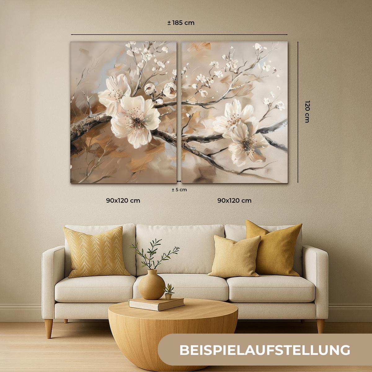 LEINWANDBILD 2er Set Blüte - Beige - Abstrakt - Blumen 120x80 cm - Hellbraun, Textil (120/80cm) - MuchoWow