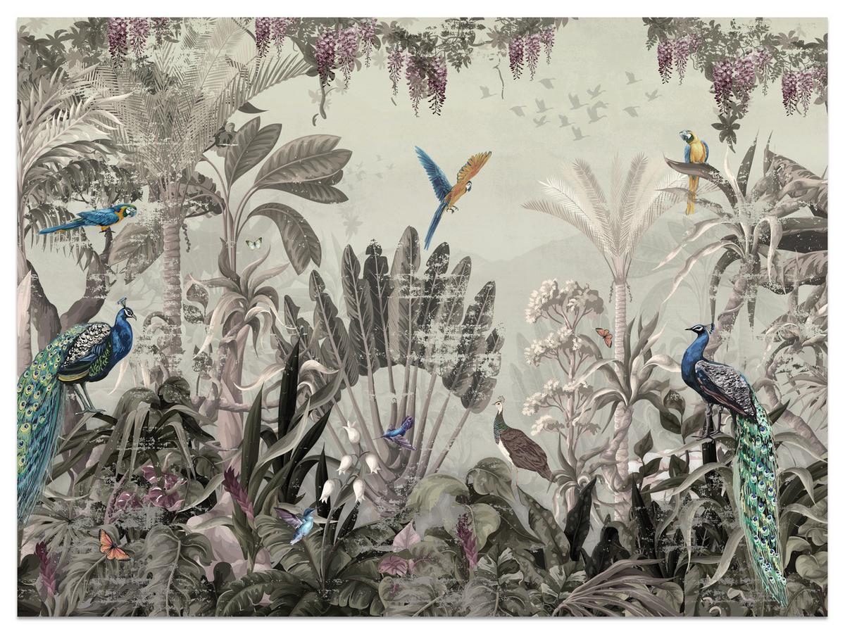 FOTOTAPETE für Wohnzimmer Vintage Tropenwald Palmen Papageien 350x256 - Beige/Grün, Papier (350/256cm) - Muralo